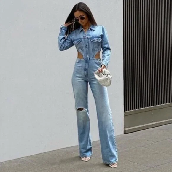 BLOGGERS FAV ZARA LIMITED EDITION CUT OUT SIDE DISTRESSED DENIM JUMPSUIT Size L - Picture 4 of 15